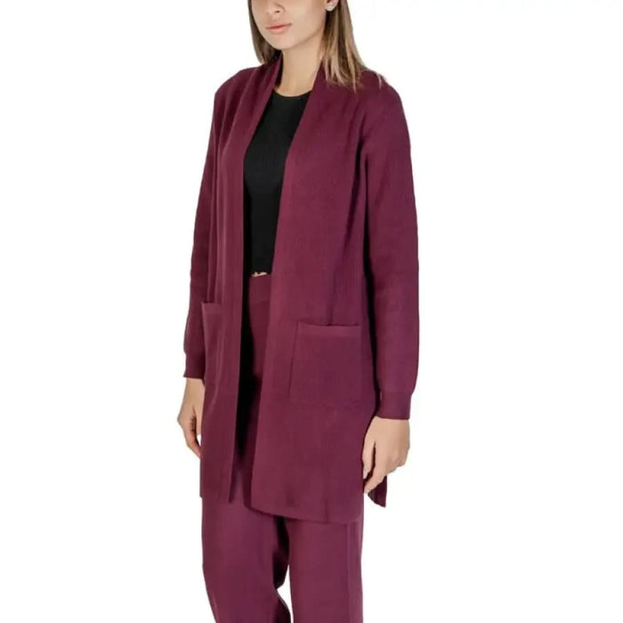 Burgundy knit cardigan and pants set from Clerè Women’s Purple Knit Sweater with Front Pockets
