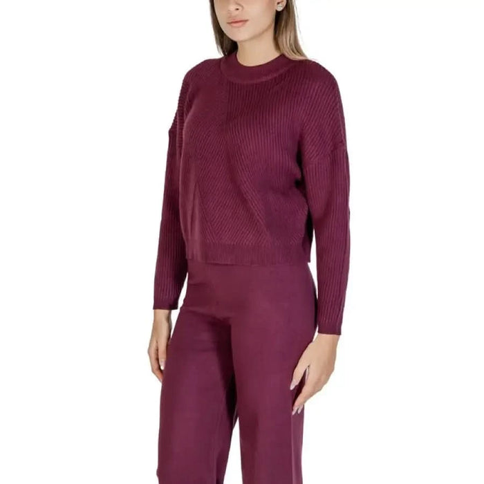 Burgundy knit sweater and pants set from Purple Women’s Knitwear with round neck design