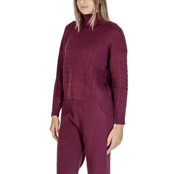 Burgundy knit turtleneck sweater and pants set from Clerè Women’s Bordeaux collection