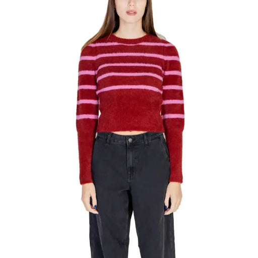 Burgundy and pink striped sweater from Women’s Red Striped Round Neck Sweater collection