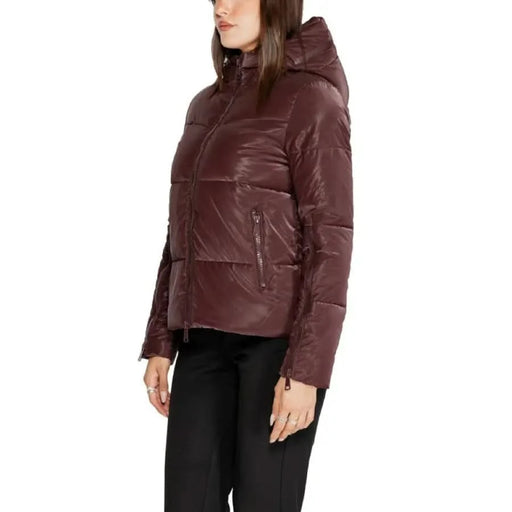 Burgundy puffer jacket with hood from CLERÈ Women’s Long Purple Jacket collection