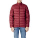 Burgundy quilted puffer jacket featuring a full-length zipper and front pockets