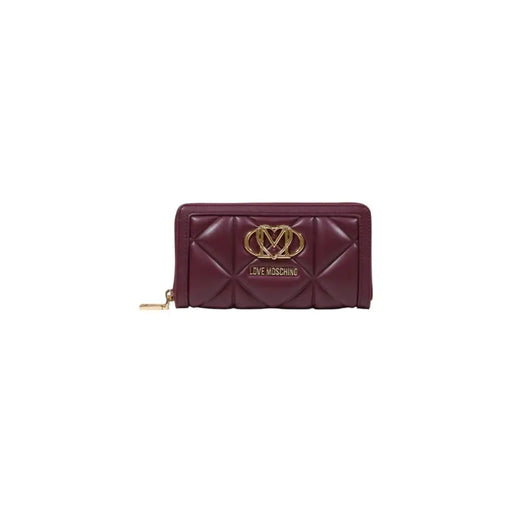 Burgundy quilted leather wallet with gold logo and hardware displayed prominently