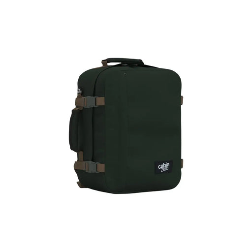 Valise cabine Cabin Zero vert foncé avec sangles marron et top Sac à dos de 28 L avec poignée en polyester