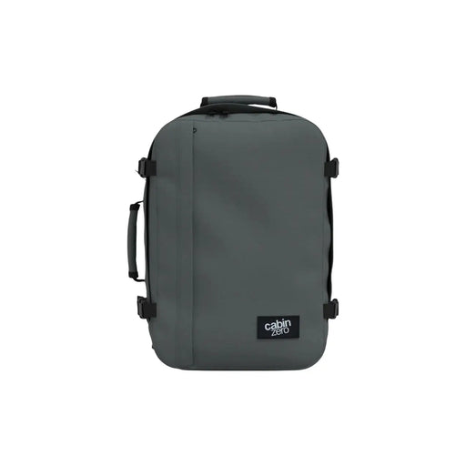 Dark gray cabin zero carry-on suitcase with black handles and straps shown from the back side in polyester material