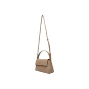 Calvin Klein beige leather crossbody bag with gold-tone hardware, top handle, and shoulder strap for versatile use