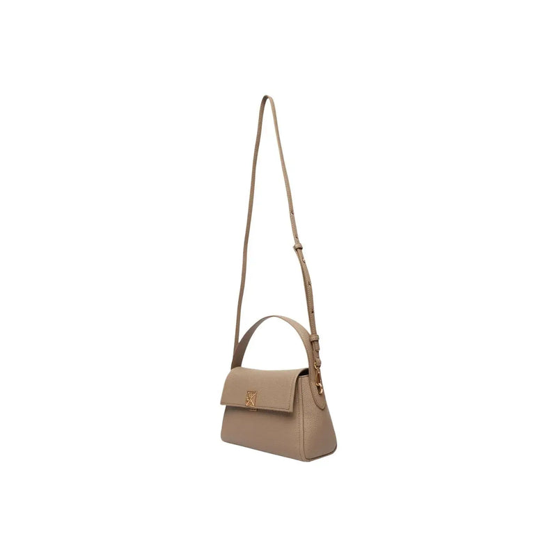 Calvin Klein beige leather crossbody bag with gold-tone hardware, top handle, and shoulder strap for versatile use