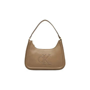 Beige polyurethane handbag by Calvin Klein with zip closure and prominent ck logo embossed on the front