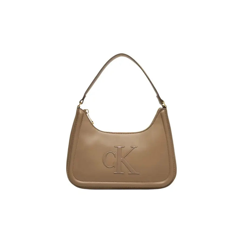 Beige polyurethane handbag by Calvin Klein with zip closure and prominent ck logo embossed on the front