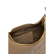 Beige calvin klein polyurethane handbag with gold-tone zipper and embossed logo featuring shoulder strap closure