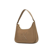 Calvin Klein beige polyurethane handbag with zip closure featuring gold-tone ck logo and zipper detail