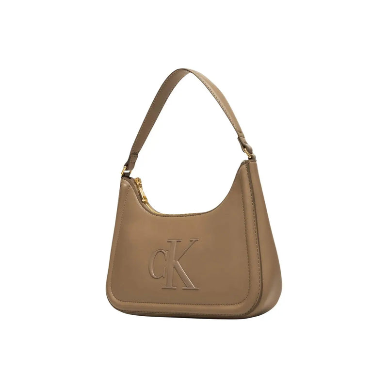 Calvin Klein beige polyurethane handbag with zip closure featuring gold-tone ck logo and zipper detail
