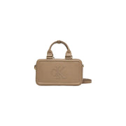 Beige leather calvin klein zippered womens handbag with top handle and detachable strap 22x12.5x7 cm