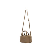 Calvin Klein beige leather crossbody bag with structured rectangular shape and gold-tone ck logo on front with zipper closure