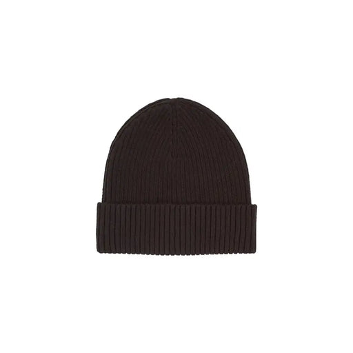 Brown ribbed beanie hat with fold-over cuff and soft texture.