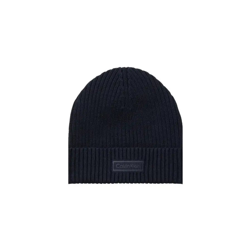 Black ribbed knit beanie with columbia logo patch