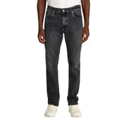 Black slim fit jeans with white stitching and button closure, made of denim material.