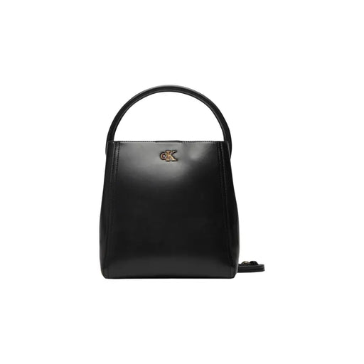 Calvin Klein black leather bucket handbag with top handle gold-tone CK logo and shoulder strap
