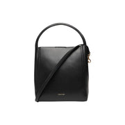 Calvin Klein black handbag with shoulder strap featuring a sleek structured design and smooth leather finish