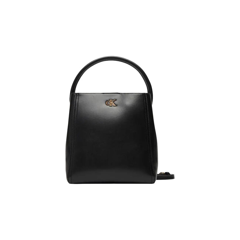 Calvin Klein black leather bucket handbag with top handle gold-tone CK logo and shoulder strap