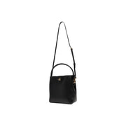 Calvin Klein black leather bucket bag with gold-tone CK logo and adjustable shoulder strap for versatile use