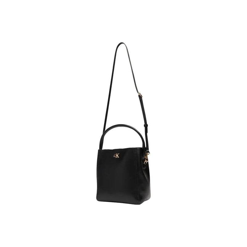 Calvin Klein black leather bucket bag with gold-tone CK logo and adjustable shoulder strap for versatile use