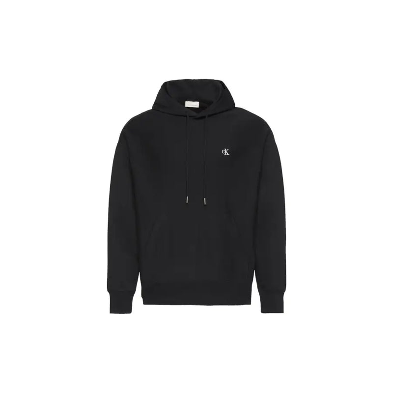 Calvin Klein black hoodie featuring a subtle white logo on the chest and matching drawstrings for casual wear