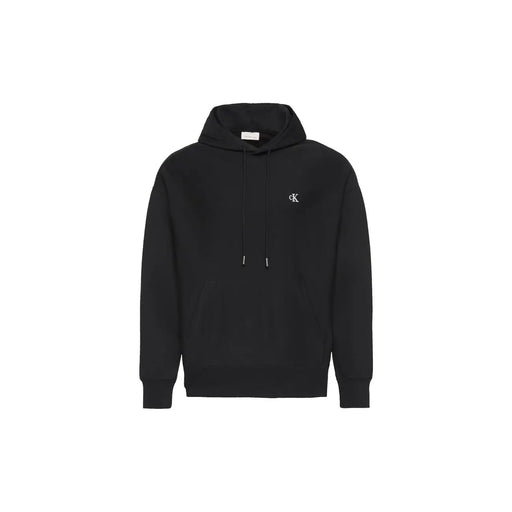 Calvin Klein black hoodie featuring a subtle white logo on the chest and matching drawstrings for casual wear