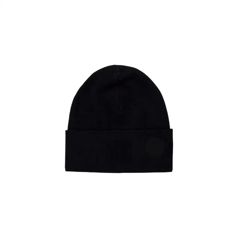 Black beanie with fold-over cuff and patch on front
