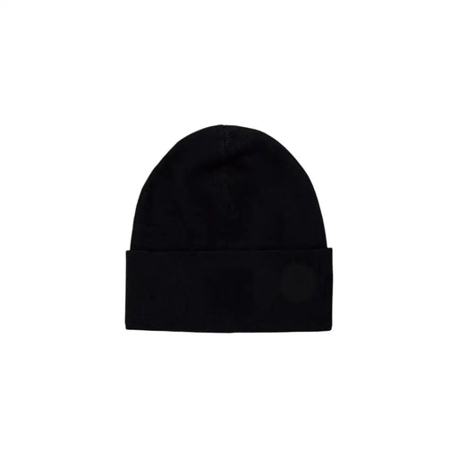 Black beanie with fold-over cuff and patch on front