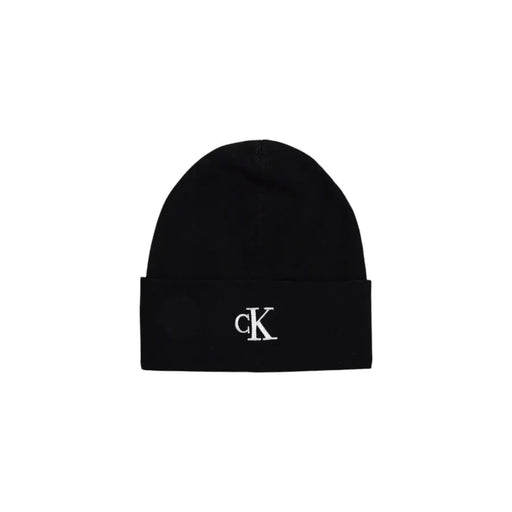 Black calvin klein beanie with white logo.