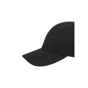 Black baseball cap with adjustable strap and logo on brim.