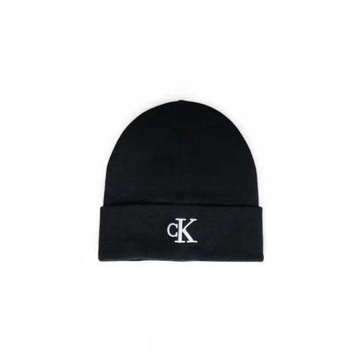 Black calvin klein beanie with white logo.