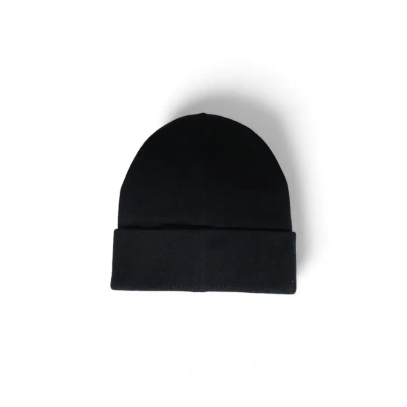 Black beanie hat with fold-over cuff, made of soft knit material.