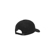 Black baseball cap with adjustable strap and curved brim