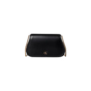 Calvin Klein black polyester shoulder bag with black leather crossbody design, gold-tone chain strap, and CK logo emblem