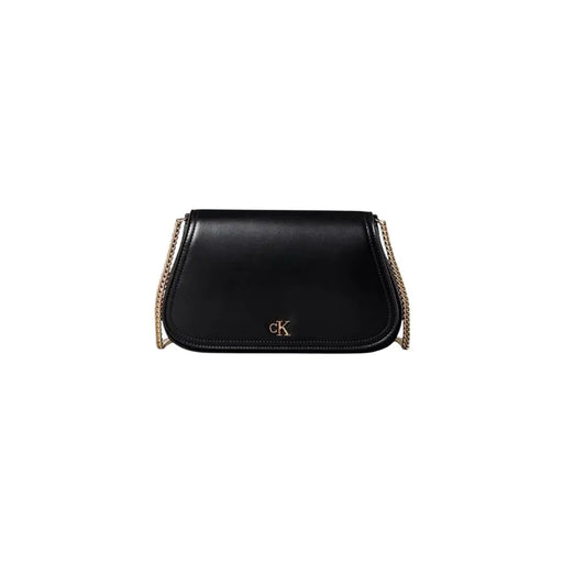 Calvin Klein black polyester shoulder bag with black leather crossbody design, gold-tone chain strap, and CK logo emblem