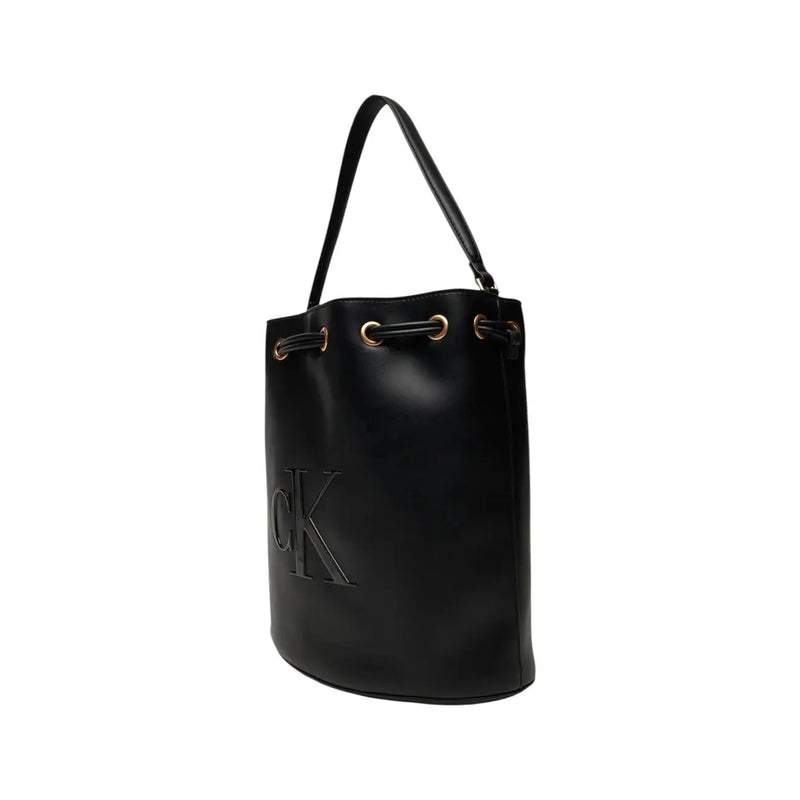 Calvin Klein black polyurethane bucket bag with gold-tone hardware and drawstring closure featuring inside pocket