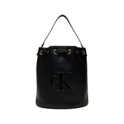 Calvin Klein black leather bucket bag with gold-tone hardware and prominent CK logo featuring an inside pocket