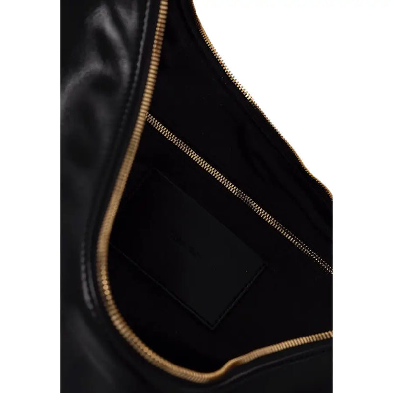Calvin Klein black polyurethane crossbody bag with gold-tone zipper detailing and multiple interior pockets