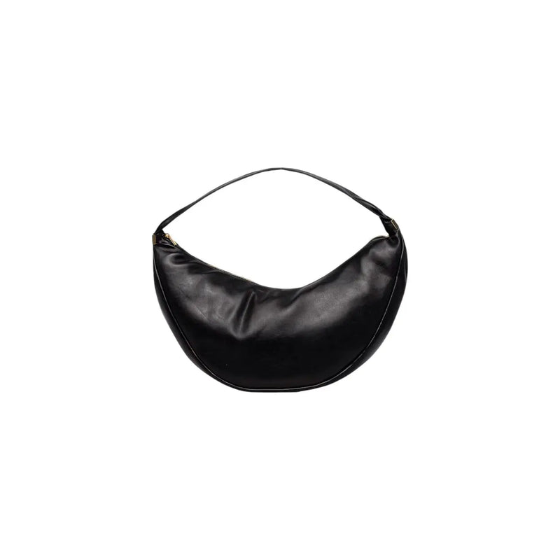 Calvin Klein black polyurethane crescent-shaped shoulder bag with zip closure and interior pockets in minimalist design