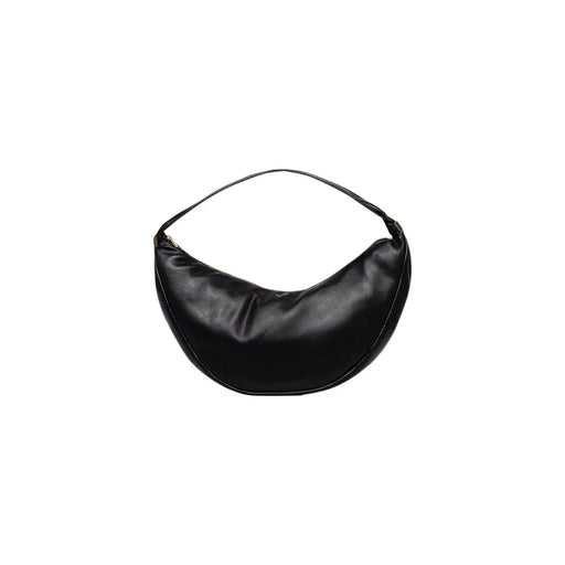 Calvin Klein black polyurethane crescent-shaped shoulder bag with zip closure and interior pockets in minimalist design
