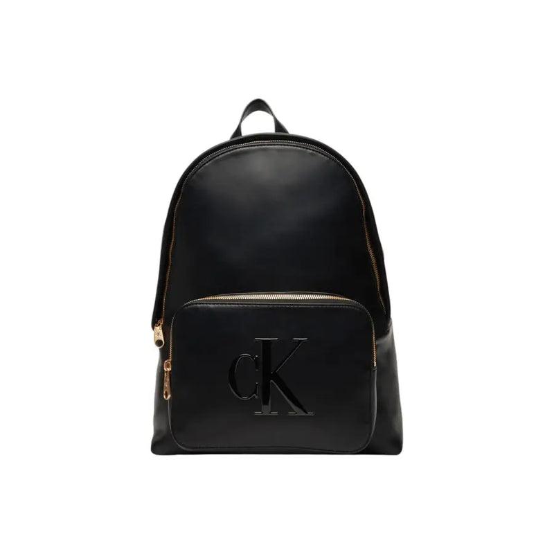 Calvin Klein black rucksack with gold-tone zipper pockets and prominent ck logo on front pocket