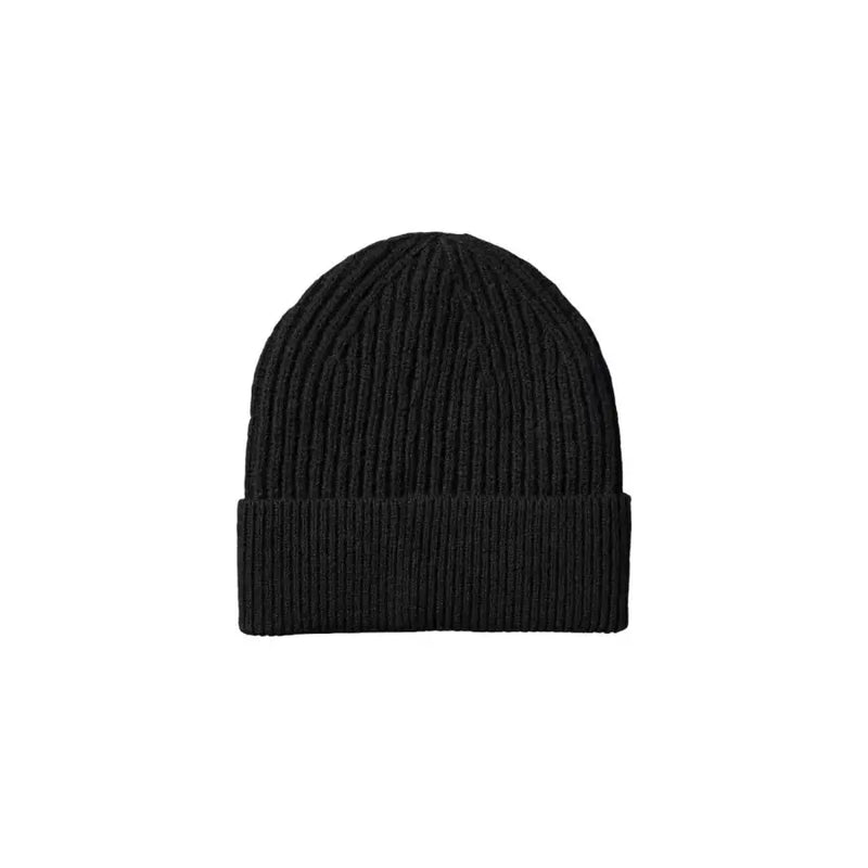 Black ribbed knit beanie hat with folded cuff