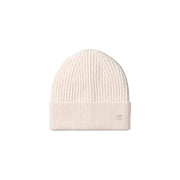 Cream-colored calvin klein ribbed beanie with logo detail.