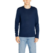 Navy blue long-sleeved wool sweater by calvin klein featuring a round neck design for men