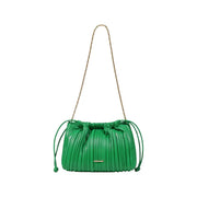 Calvin Klein green pleated leather crossbody bag with gold-tone chain strap and drawstring closure for women