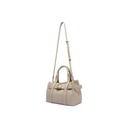 Beige leather satchel with gold-tone buckle and adjustable shoulder strap alongside calvin klein grey polyurethane handbag with inside pocket