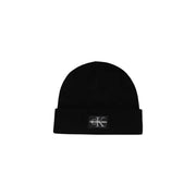 Black calvin klein beanie with logo patch on the front.
