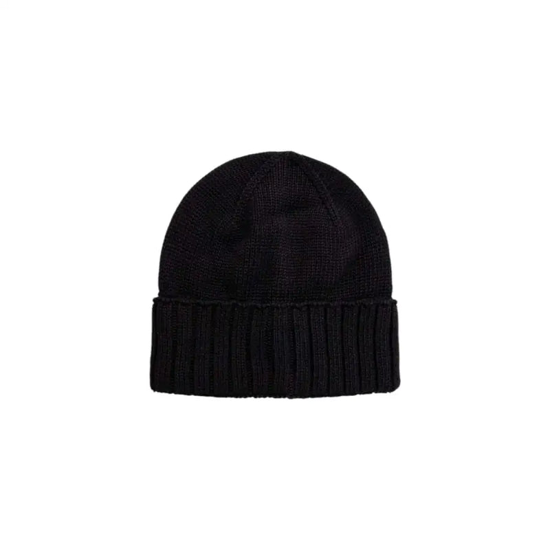 Black ribbed knit beanie hat with folded brim and textured pattern